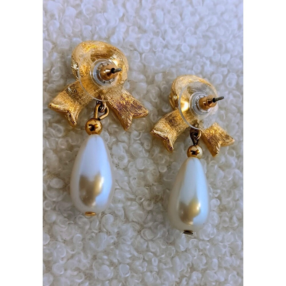 Clear Rhinestone Gold Tone Bow Faux Pearl Dangle Post Earrings Vintage 1.75 in - Picture 6 of 11